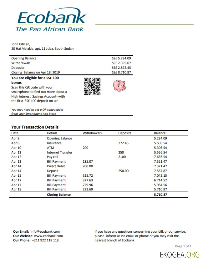 Relevé bancaire Ecobank du Soudan du Sud